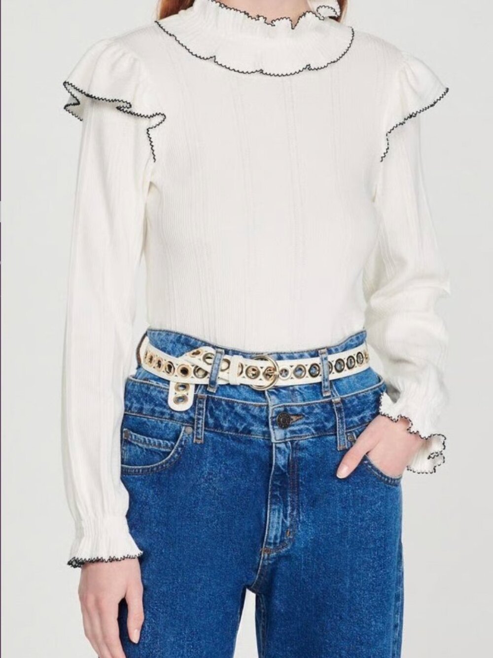Sandro Ribbed Ruffle Mockneck Top S/M - Picture 9 of 11